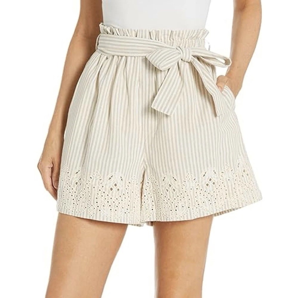 JOHNNY WAS Jade Ciana Embroidered High Waist Stripe Paper Bag Shorts Belted M